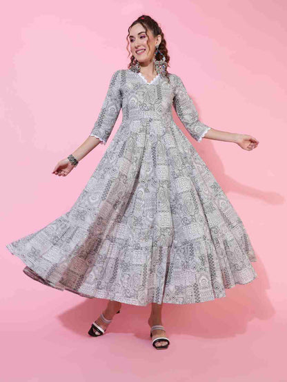 Cotton  Ankle Length Printed Flared 3/4 sleeves V neck Kurta