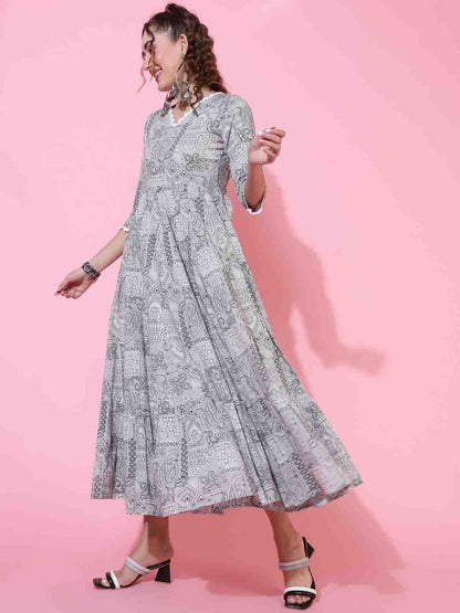 Cotton  Ankle Length Printed Flared 3/4 sleeves V neck Kurta