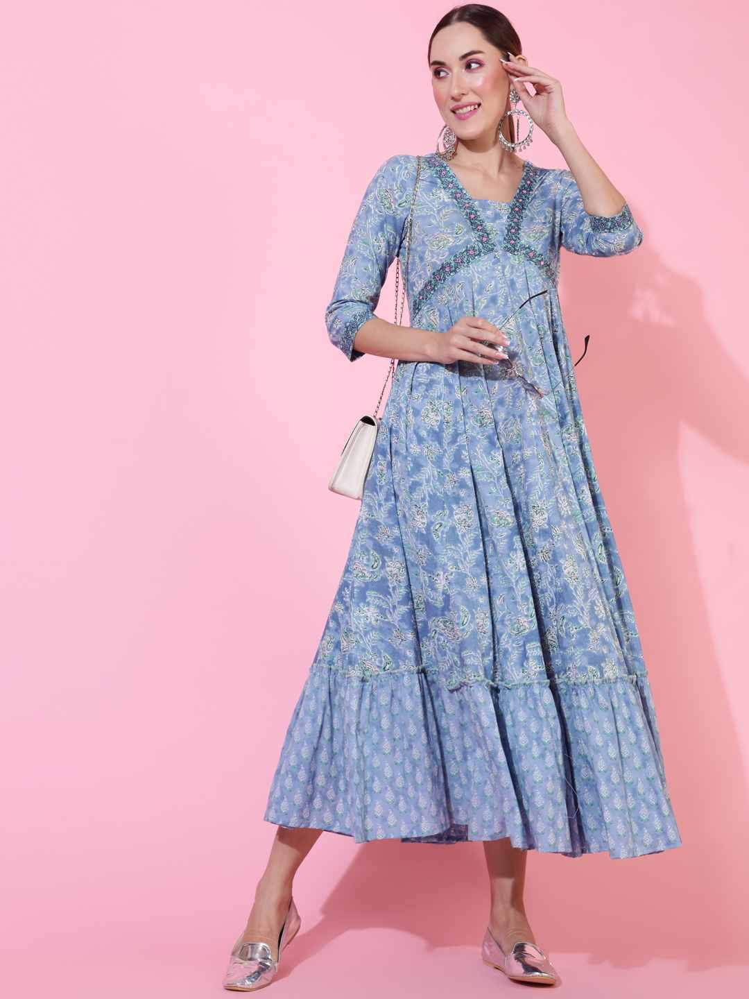 Cotton  Ankle Length Printed Flared 3/4 sleeves V neck Kurta