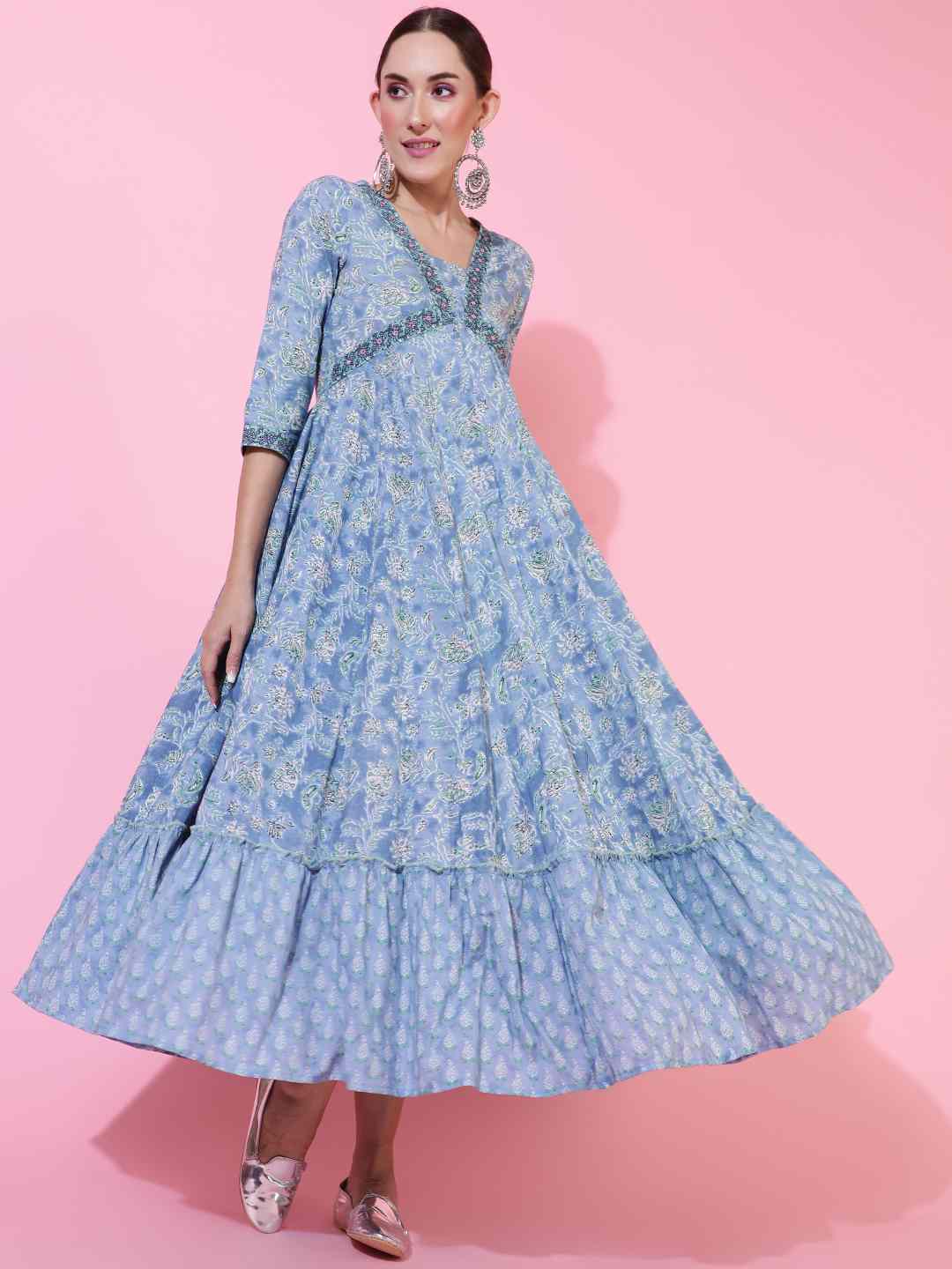 Cotton  Ankle Length Printed Flared 3/4 sleeves V neck Kurta