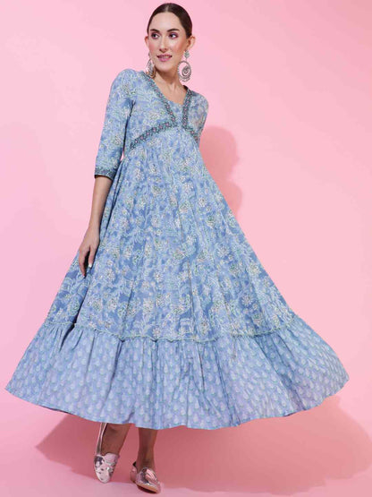 Cotton  Ankle Length Printed Flared 3/4 sleeves V neck Kurta