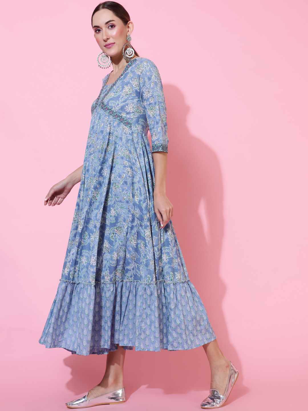 Cotton  Ankle Length Printed Flared 3/4 sleeves V neck Kurta