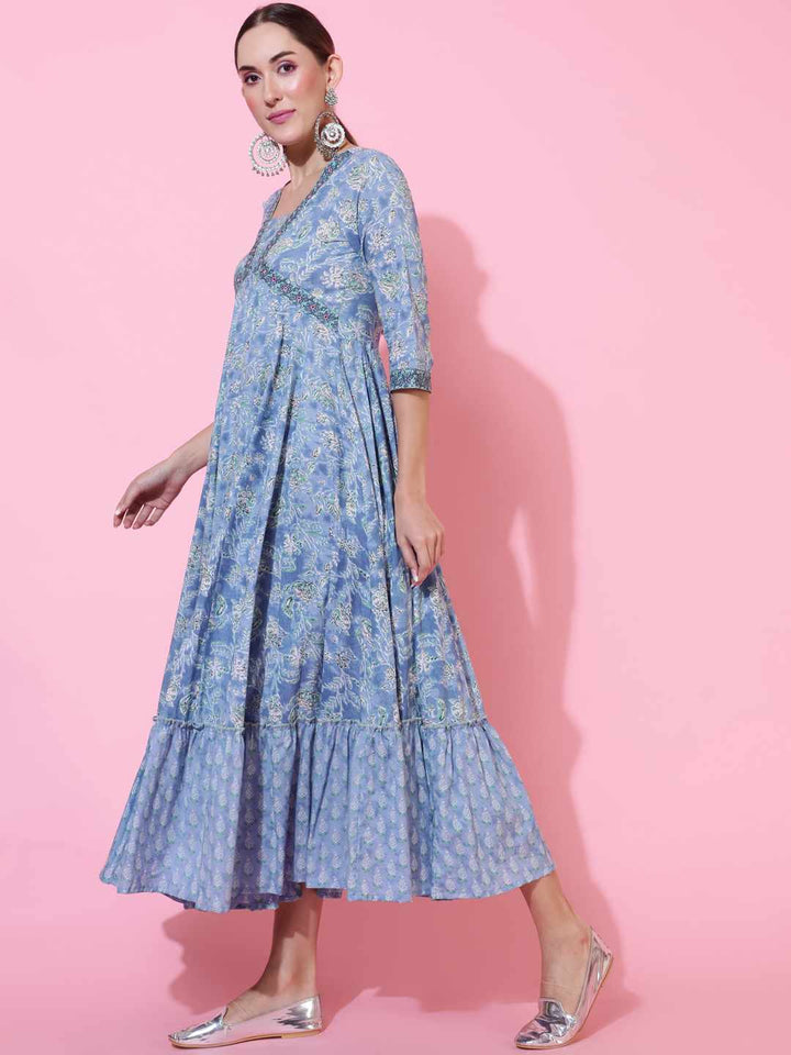 Cotton  Ankle Length Printed Flared 3/4 sleeves V neck Kurta