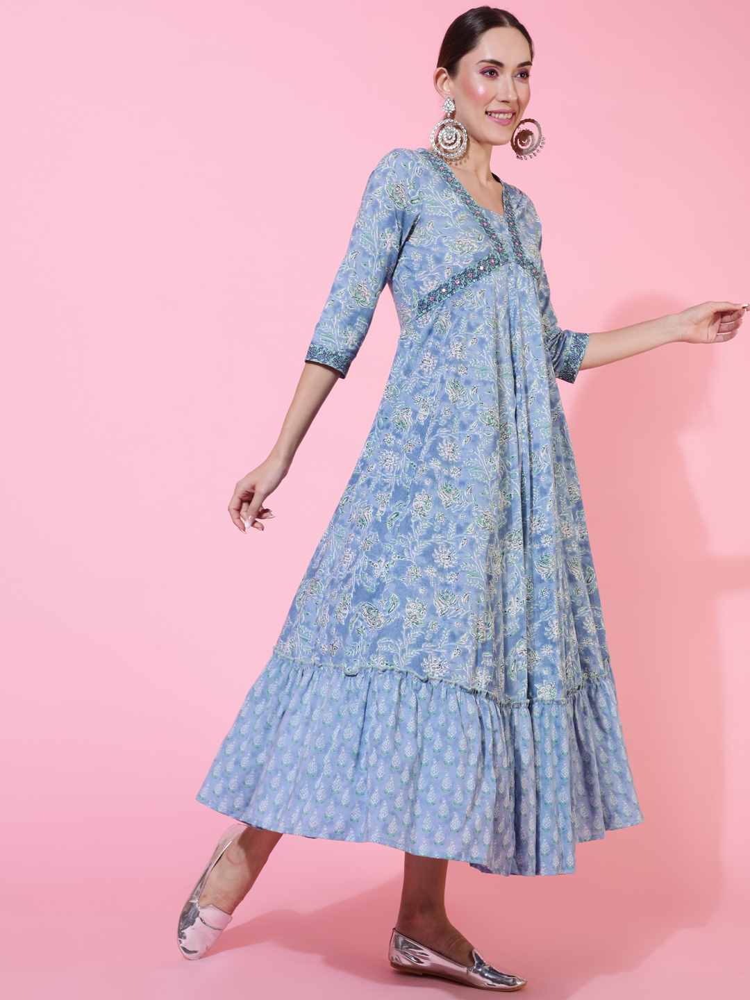 Cotton  Ankle Length Printed Flared 3/4 sleeves V neck Kurta