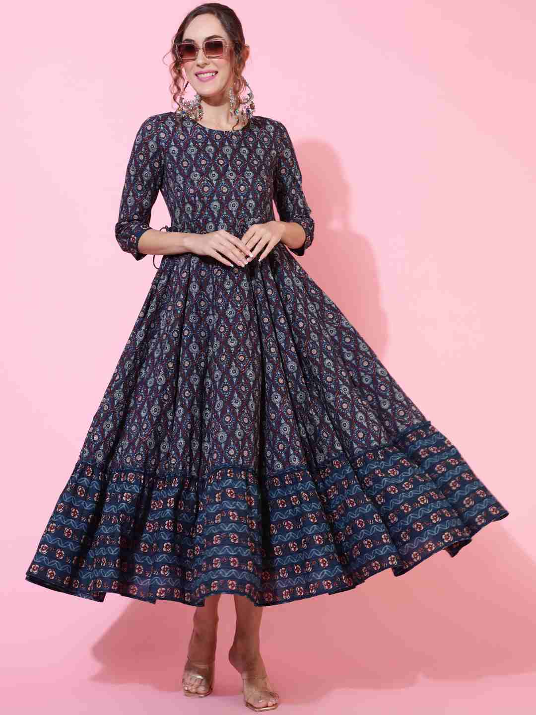 Cotton  Calf Length Printed Flared 3/4 sleeves Round Kurta