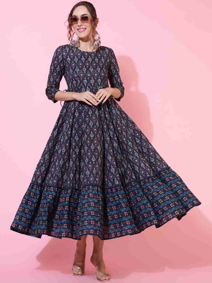 Cotton  Calf Length Printed Flared 3/4 sleeves Round Kurta