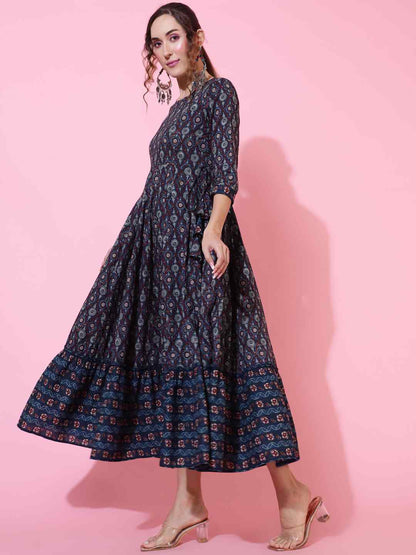 Cotton  Calf Length Printed Flared 3/4 sleeves Round Kurta