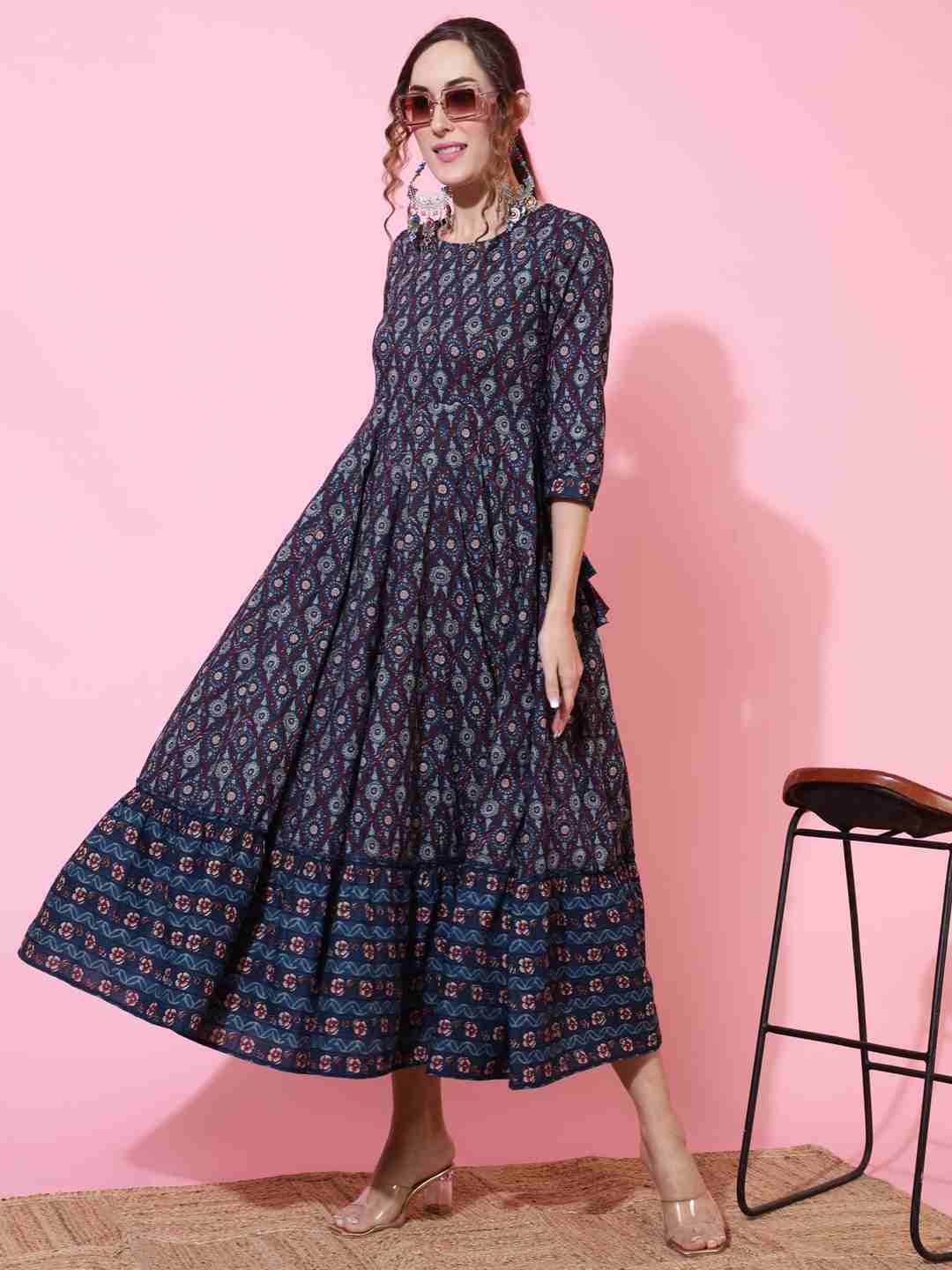 Cotton  Calf Length Printed Flared 3/4 sleeves Round Kurta