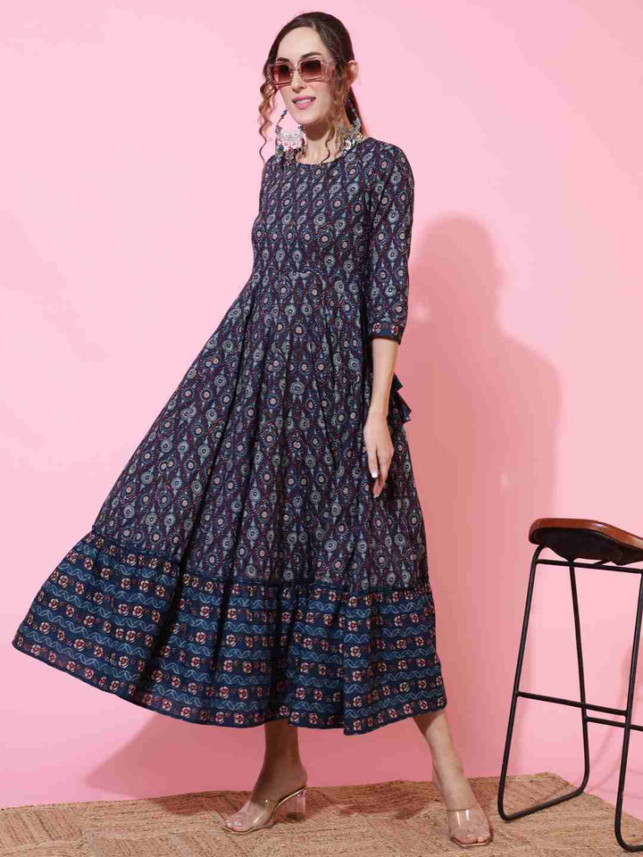 Cotton  Calf Length Printed Flared 3/4 sleeves Round Kurta