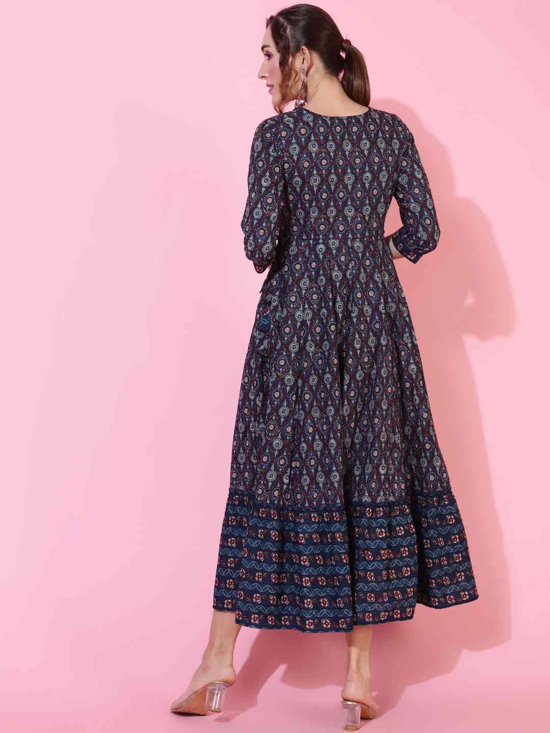 Cotton  Calf Length Printed Flared 3/4 sleeves Round Kurta