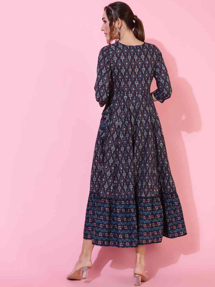 Cotton  Calf Length Printed Flared 3/4 sleeves Round Kurta