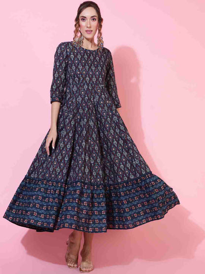 Cotton  Calf Length Printed Flared 3/4 sleeves Round Kurta