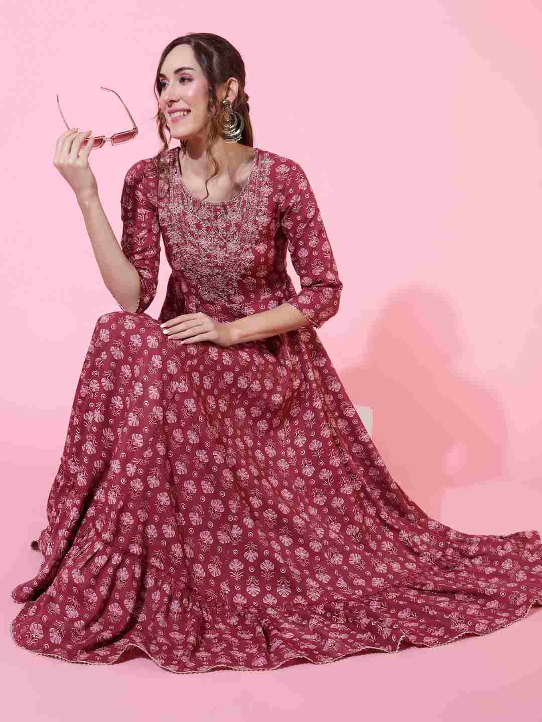 Rayon  Ankle Length Printed Flared 3/4 sleeves Round Kurta