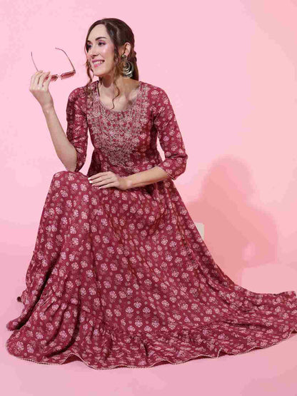 Rayon  Ankle Length Printed Flared 3/4 sleeves Round Kurta