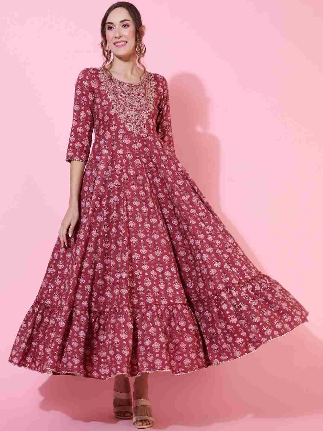 Rayon  Ankle Length Printed Flared 3/4 sleeves Round Kurta