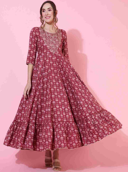 Rayon  Ankle Length Printed Flared 3/4 sleeves Round Kurta