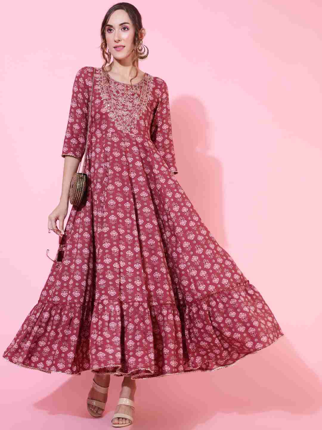 Rayon  Ankle Length Printed Flared 3/4 sleeves Round Kurta