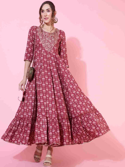 Rayon  Ankle Length Printed Flared 3/4 sleeves Round Kurta