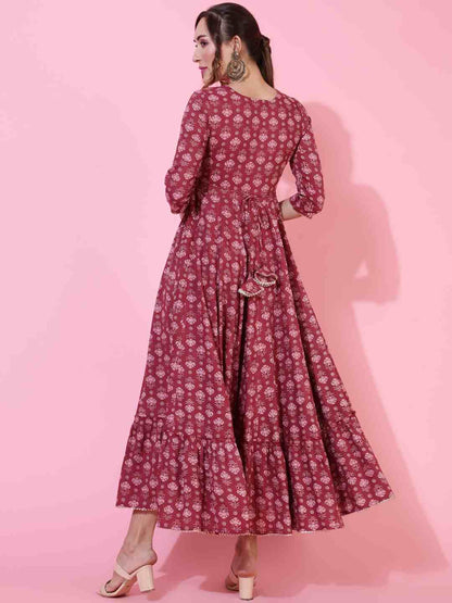 Rayon  Ankle Length Printed Flared 3/4 sleeves Round Kurta