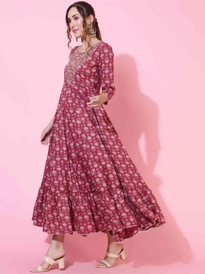 Rayon  Ankle Length Printed Flared 3/4 sleeves Round Kurta