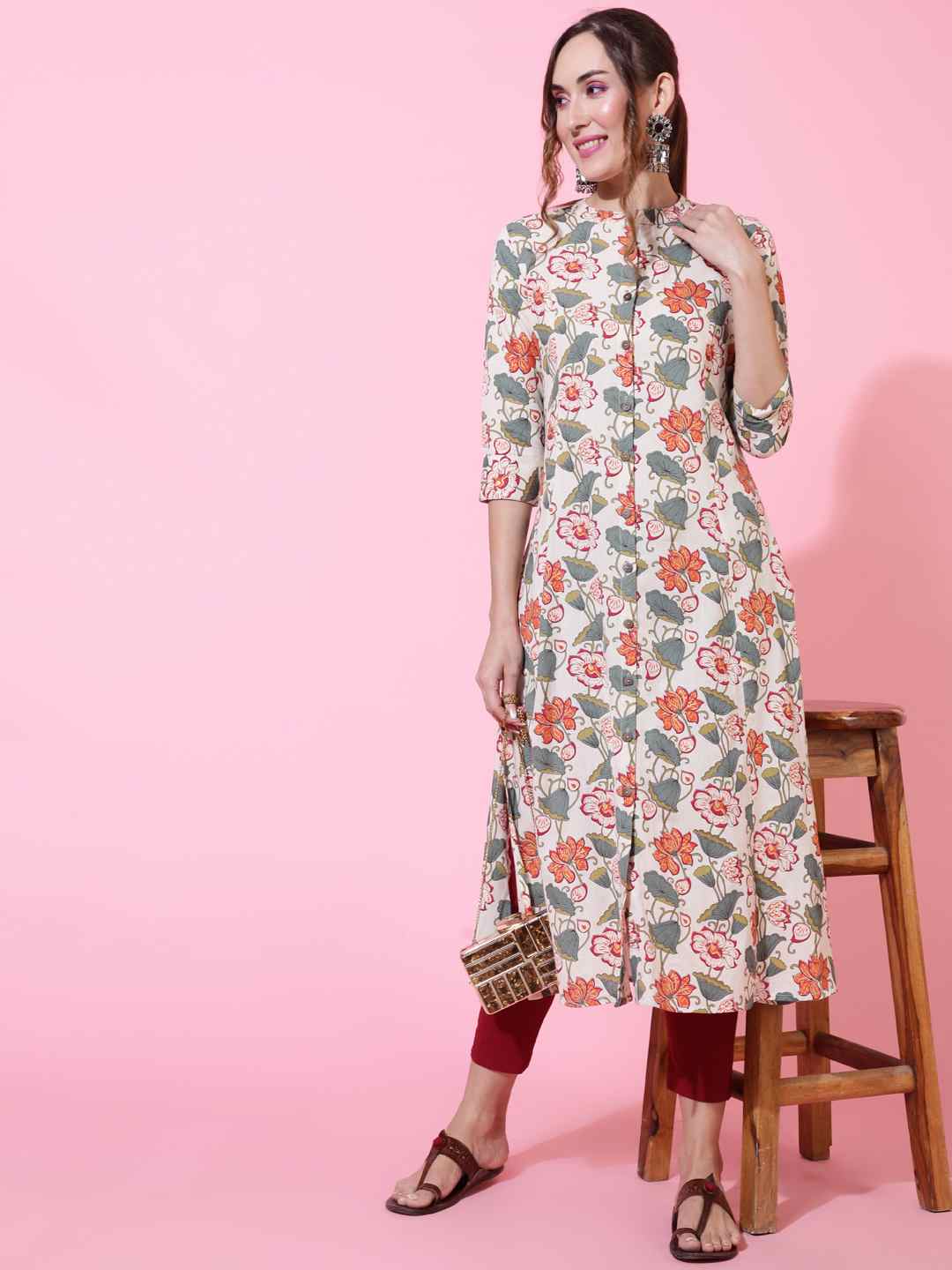 Cotton Flex  Calf Length Printed Straight 3/4 sleeves Shirt Collar Kurta