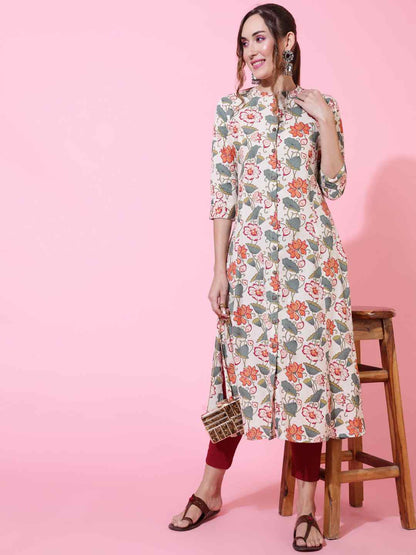 Cotton Flex  Calf Length Printed Straight 3/4 sleeves Shirt Collar Kurta