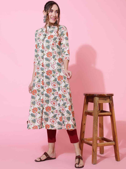 Cotton Flex  Calf Length Printed Straight 3/4 sleeves Shirt Collar Kurta
