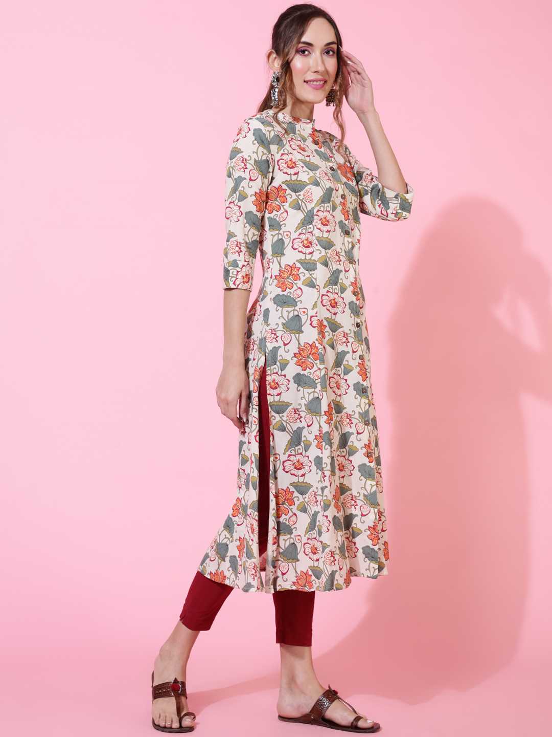 Cotton Flex  Calf Length Printed Straight 3/4 sleeves Shirt Collar Kurta