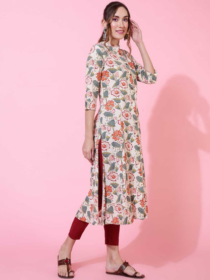 Cotton Flex  Calf Length Printed Straight 3/4 sleeves Shirt Collar Kurta