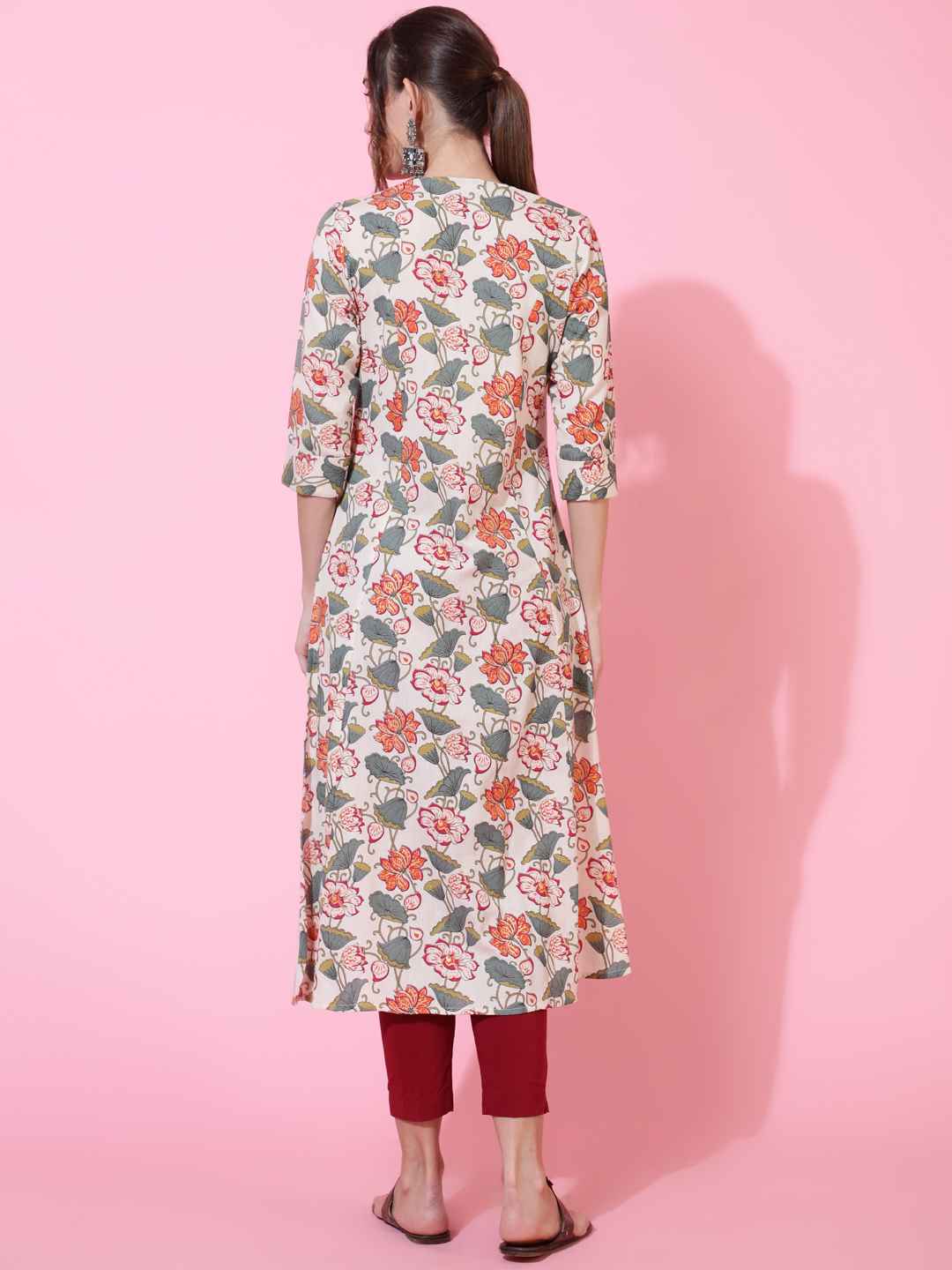 Cotton Flex  Calf Length Printed Straight 3/4 sleeves Shirt Collar Kurta