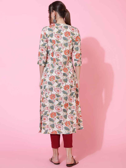 Cotton Flex  Calf Length Printed Straight 3/4 sleeves Shirt Collar Kurta