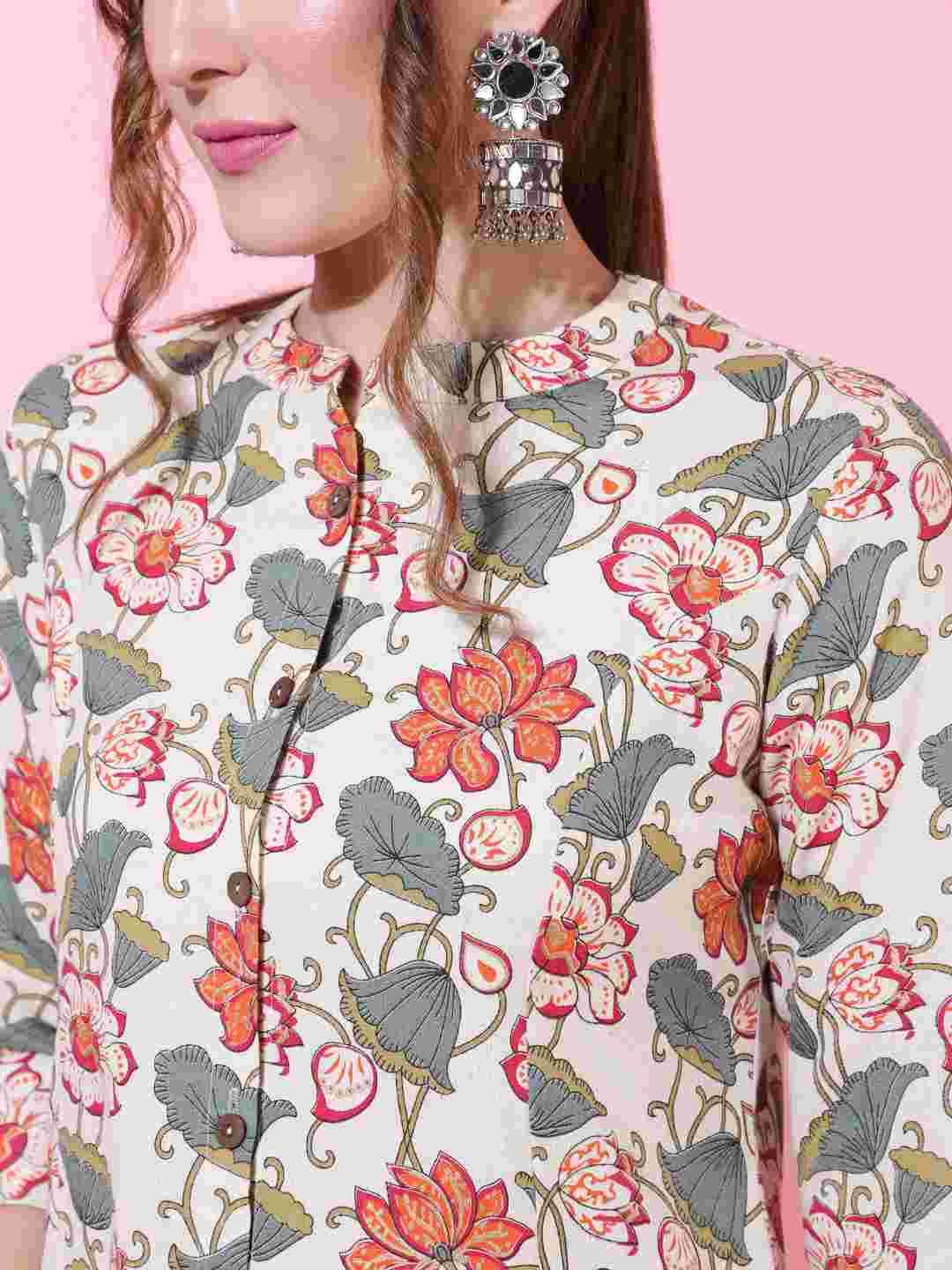 Cotton Flex  Calf Length Printed Straight 3/4 sleeves Shirt Collar Kurta