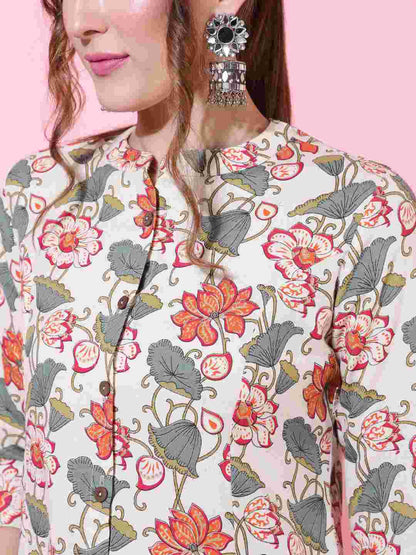 Cotton Flex  Calf Length Printed Straight 3/4 sleeves Shirt Collar Kurta