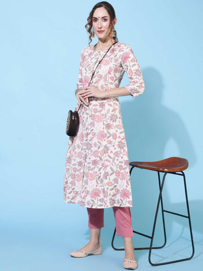 Cotton Flex  Calf Length Printed Straight 3/4 sleeves Shirt Collar Kurta