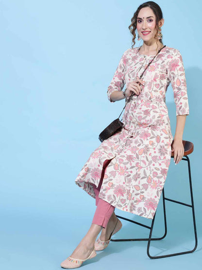 Cotton Flex  Calf Length Printed Straight 3/4 sleeves Shirt Collar Kurta