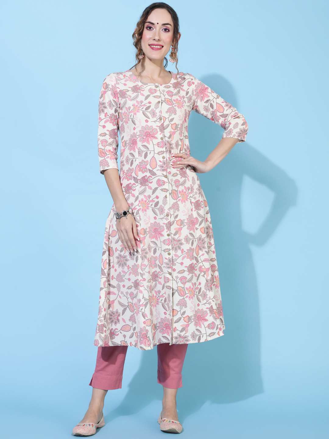 Cotton Flex  Calf Length Printed Straight 3/4 sleeves Shirt Collar Kurta