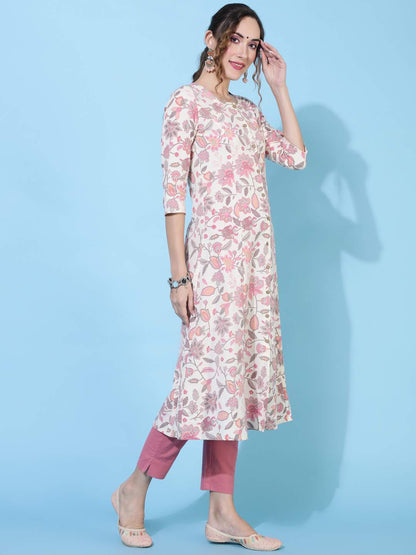 Cotton Flex  Calf Length Printed Straight 3/4 sleeves Shirt Collar Kurta
