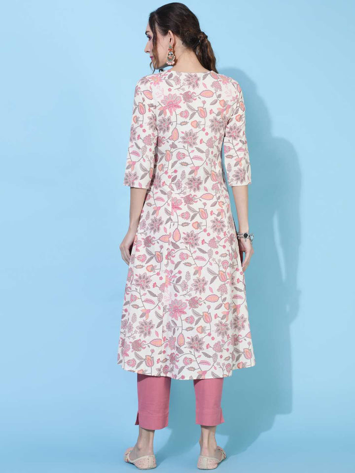 Cotton Flex  Calf Length Printed Straight 3/4 sleeves Shirt Collar Kurta