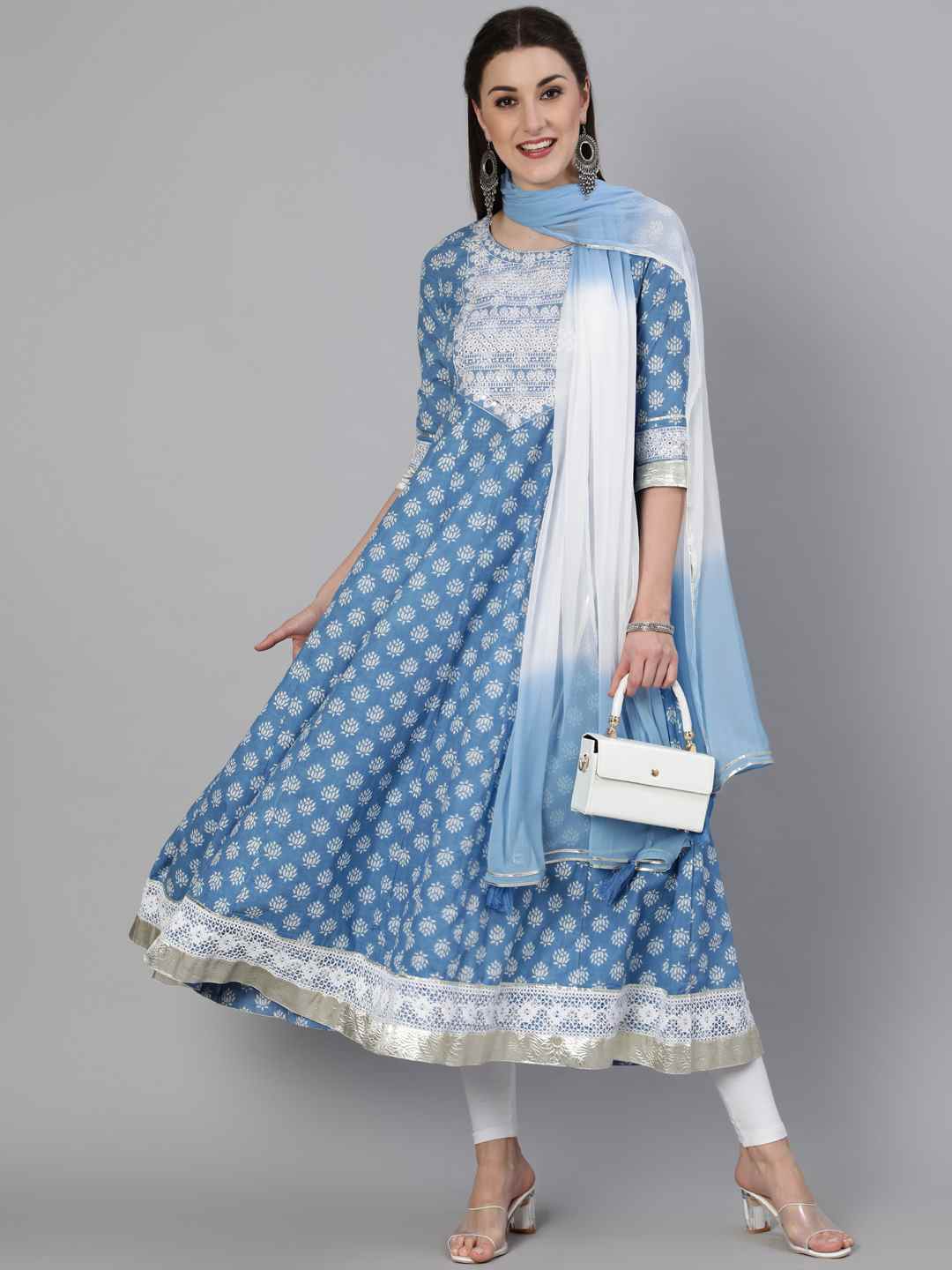 Printed Round Neck Calf Length 3/4 Sleeve Cotton Flared Kurta, Chiffon Dupatta Set