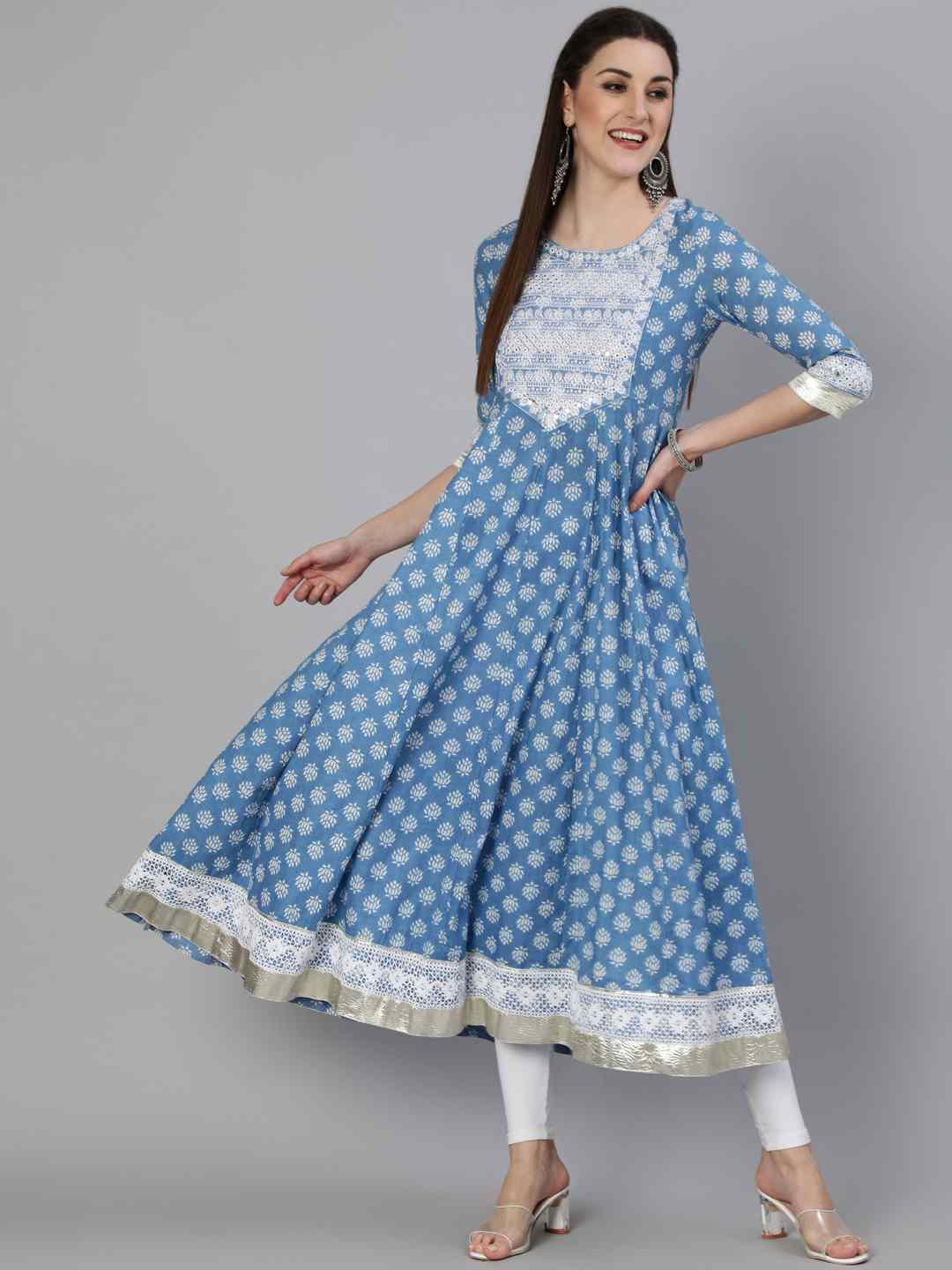 Printed Round Neck Calf Length 3/4 Sleeve Cotton Flared Kurta, Chiffon Dupatta Set