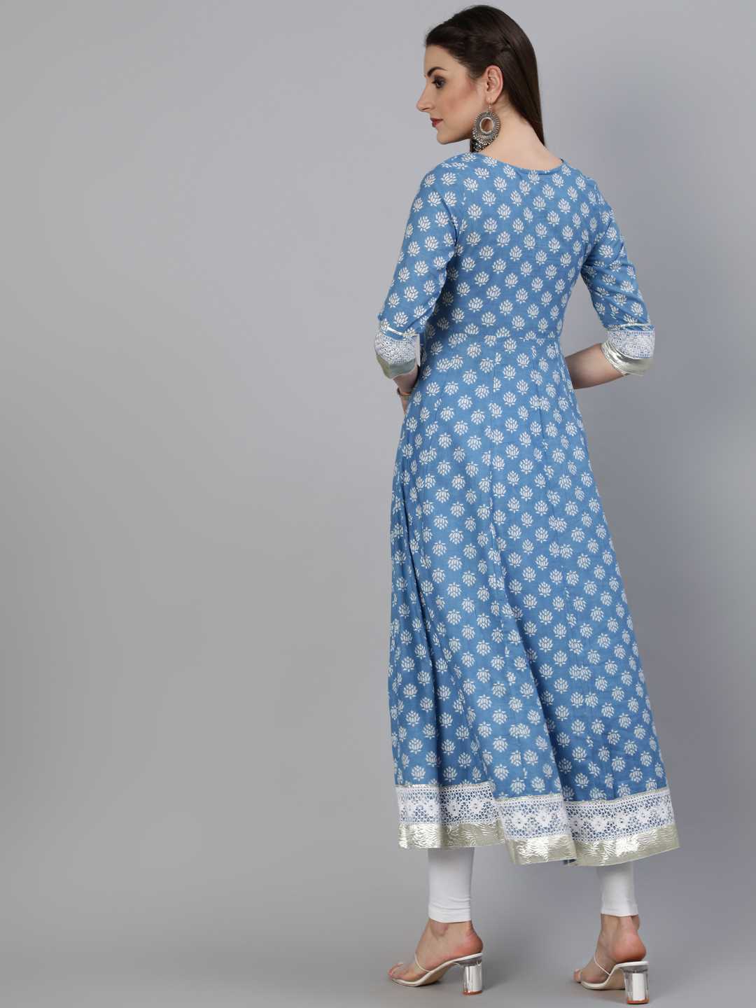 Printed Round Neck Calf Length 3/4 Sleeve Cotton Flared Kurta, Chiffon Dupatta Set