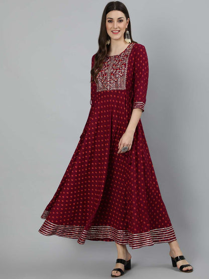 Printed Round Neck Ankle Length 3/4 Sleeve Rayon Flared Kurta