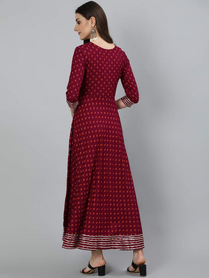 Printed Round Neck Ankle Length 3/4 Sleeve Rayon Flared Kurta