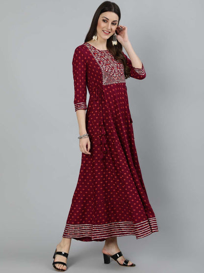 Printed Round Neck Ankle Length 3/4 Sleeve Rayon Flared Kurta