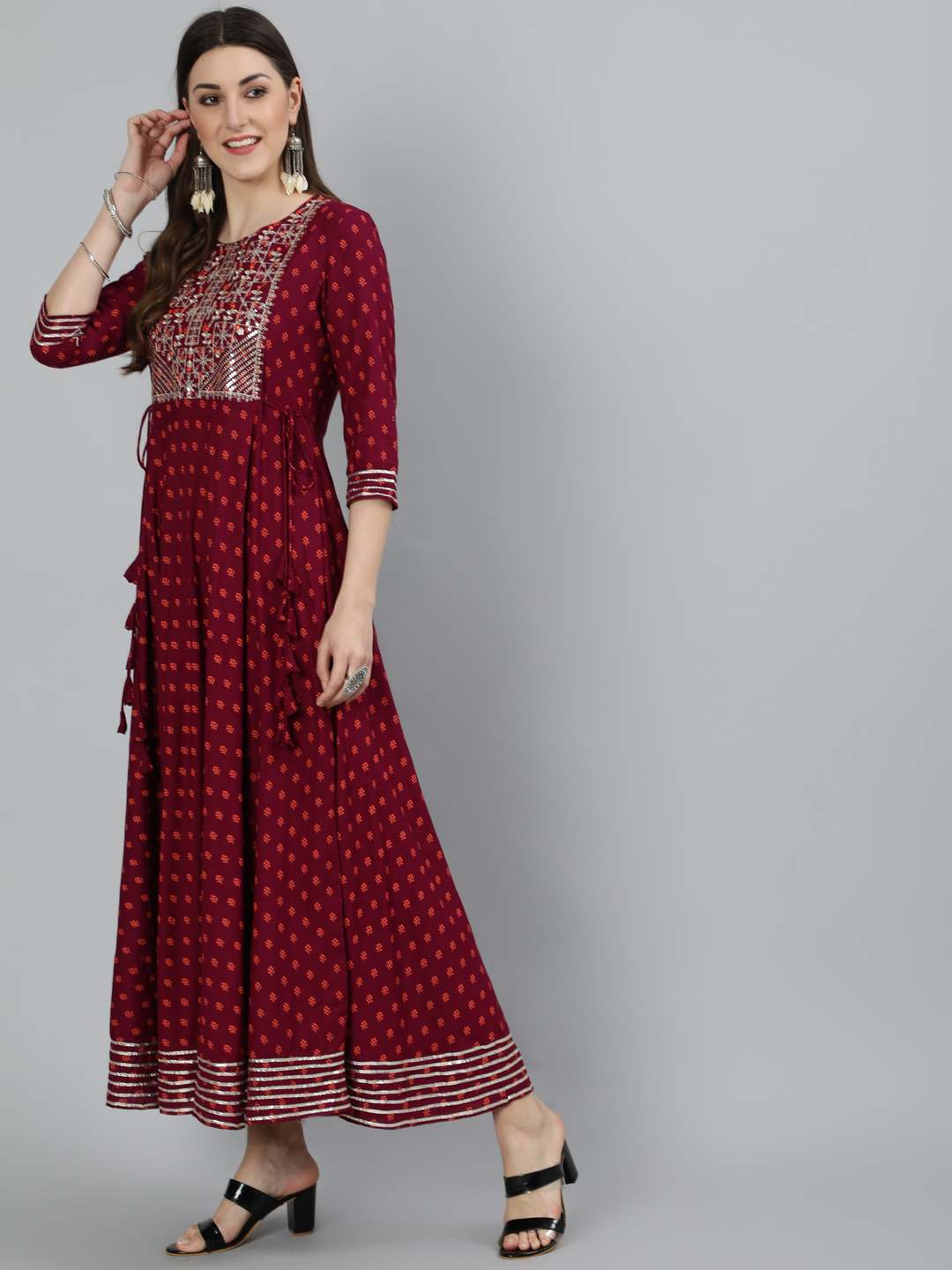 Printed Round Neck Ankle Length 3/4 Sleeve Rayon Flared Kurta