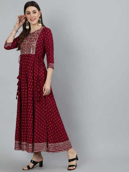 Printed Round Neck Ankle Length 3/4 Sleeve Rayon Flared Kurta