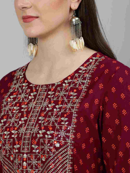 Printed Round Neck Ankle Length 3/4 Sleeve Rayon Flared Kurta
