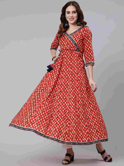 Cotton Ankle Length Printed Flared 3/4 Sleeve V Neck Angrakha