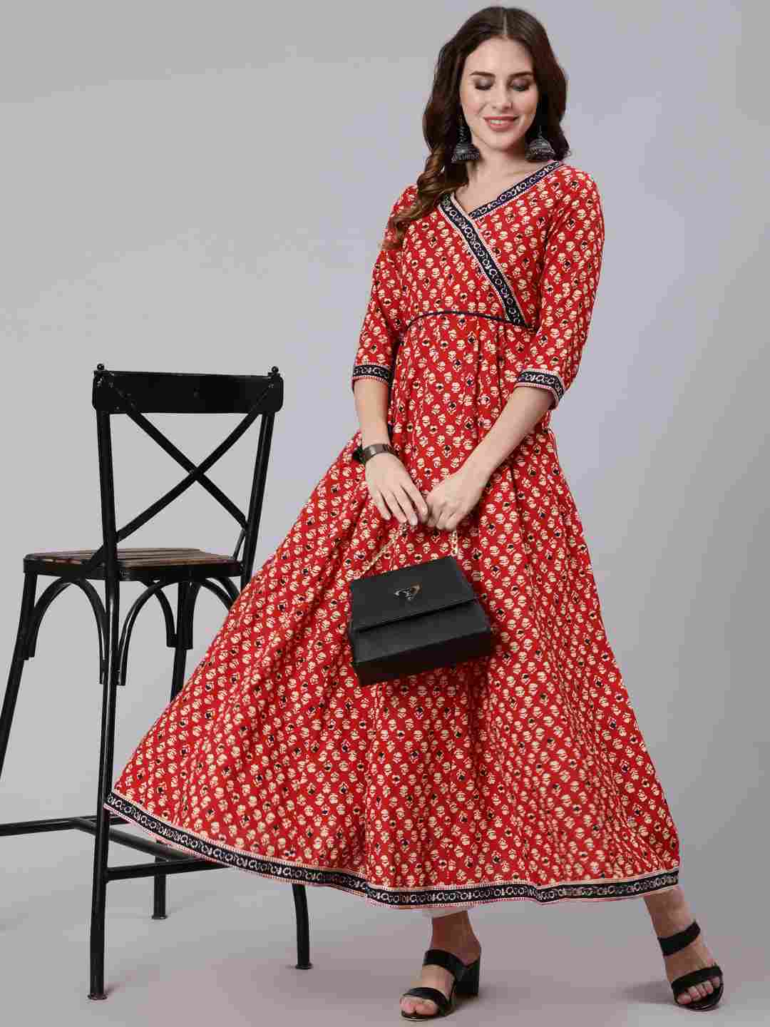 Cotton Ankle Length Printed Flared 3/4 Sleeve V Neck Angrakha