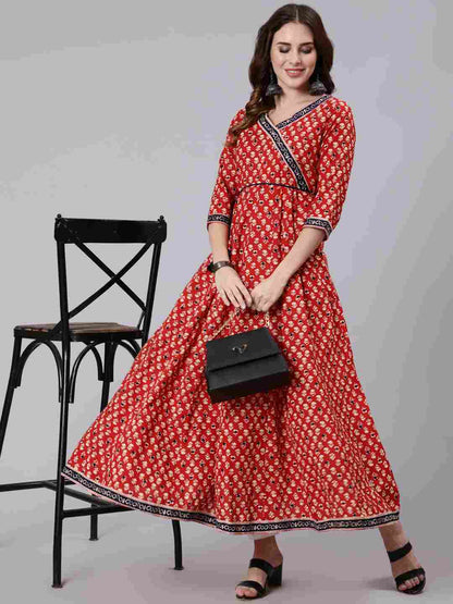 Cotton Ankle Length Printed Flared 3/4 Sleeve V Neck Angrakha